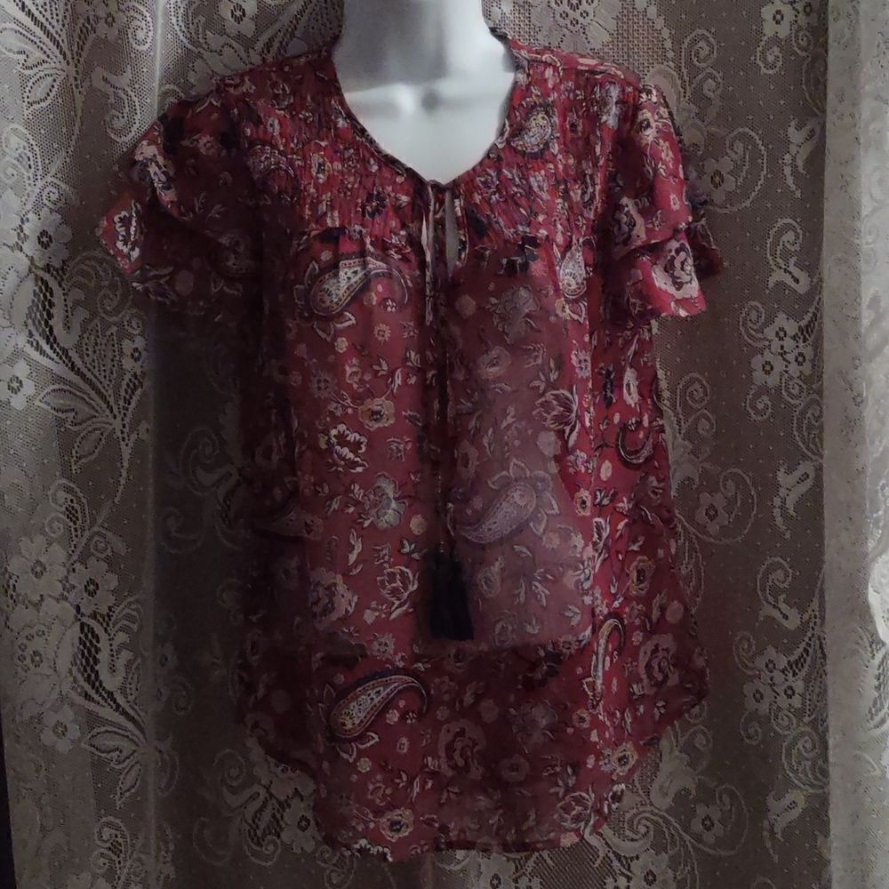 New Knox Rose XS sheer red Paisley‎ floral Boho top flutter sleeve tassel tie